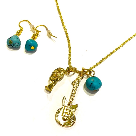 Guitar Trumpet Charm Necklace Earrings Set Turquoise Gold Tone - Picture 2 of 3